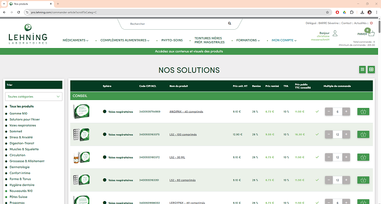page de commande du site lehning produits d'homéopathie